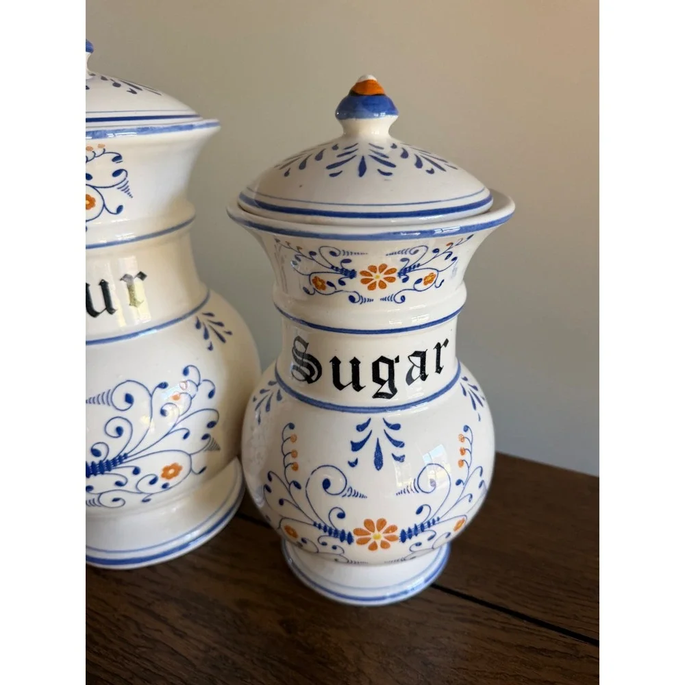 Blue Onion Style Canister Set White Blue Floral Hand Painted Flour Sugar Lids